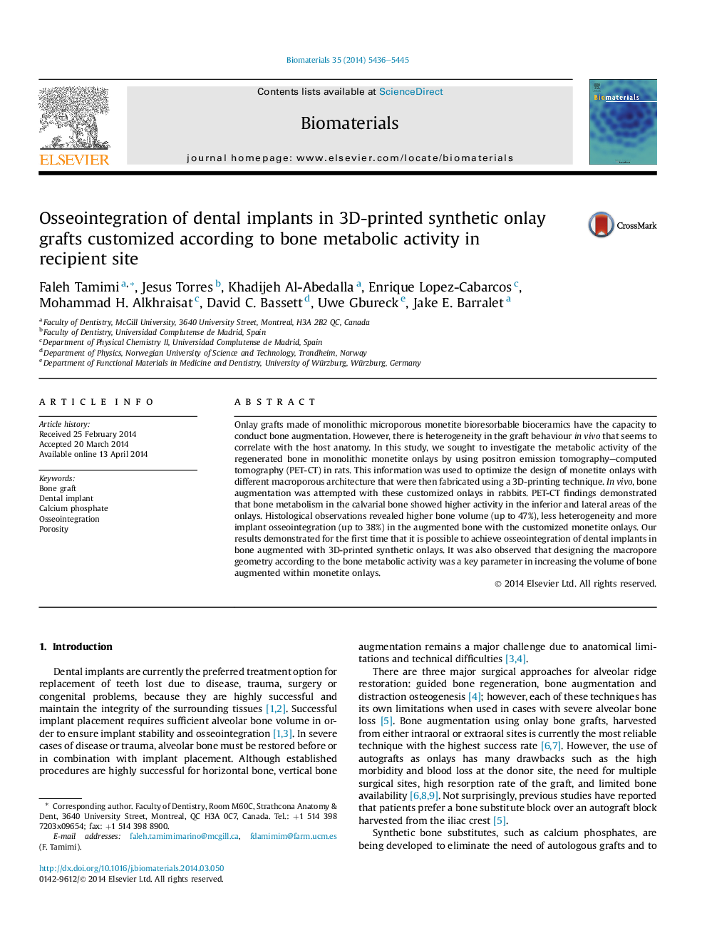 Osseointegration of dental implants in 3D-printed synthetic onlay grafts customized according to bone metabolic activity in recipient site