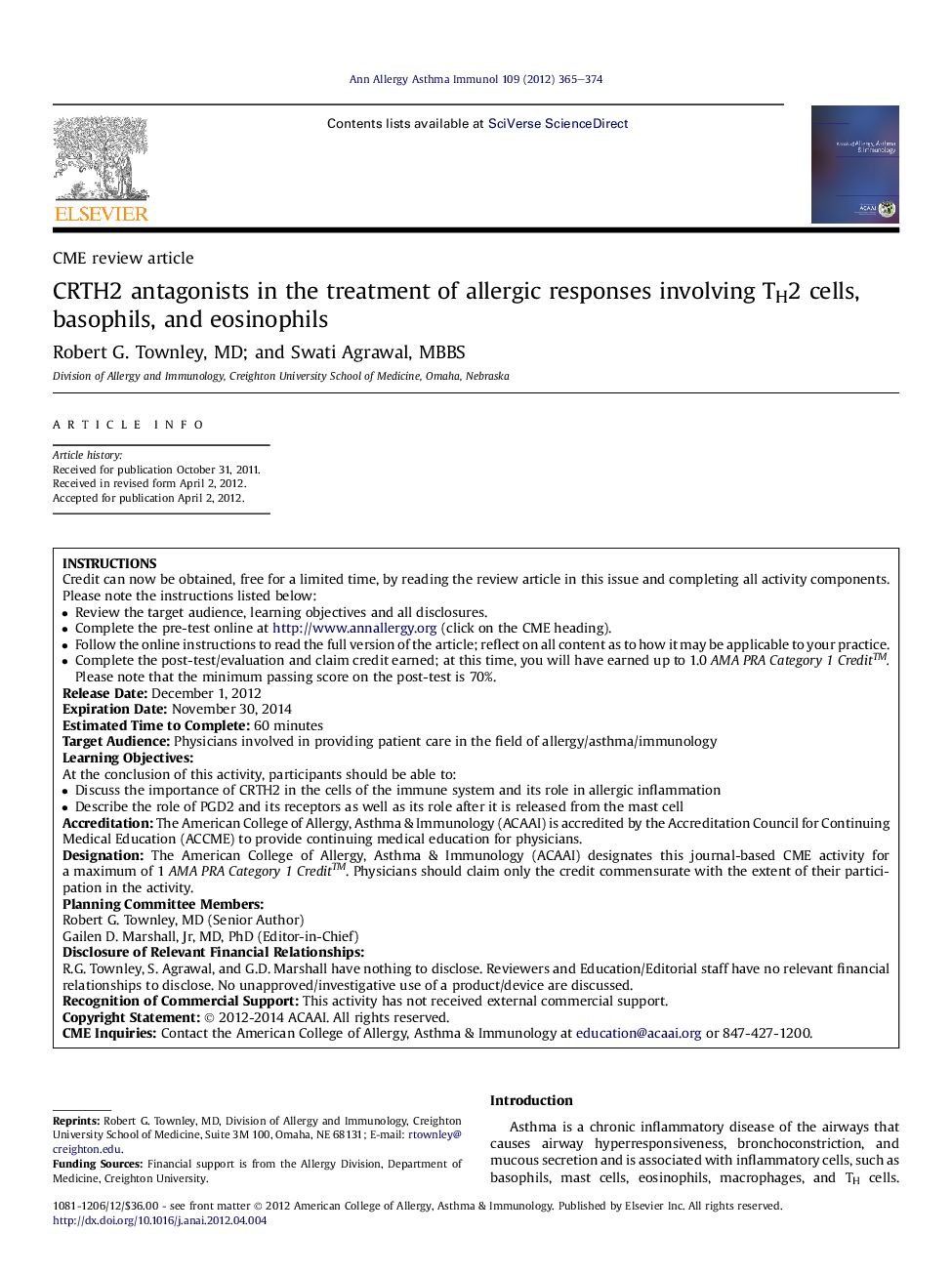 CRTH2 antagonists in the treatment of allergic responses involving TH2 cells, basophils, and eosinophils