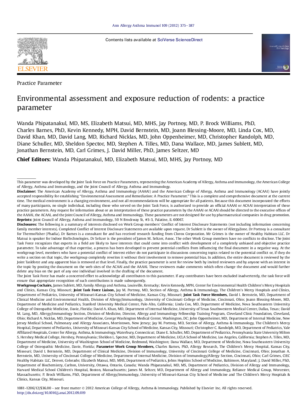 Environmental assessment and exposure reduction of rodents: a practice parameter