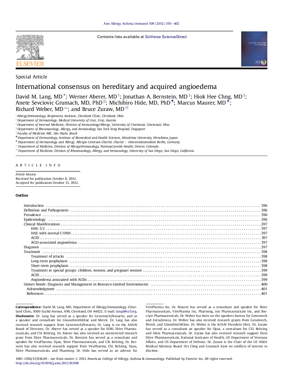 International consensus on hereditary and acquired angioedema