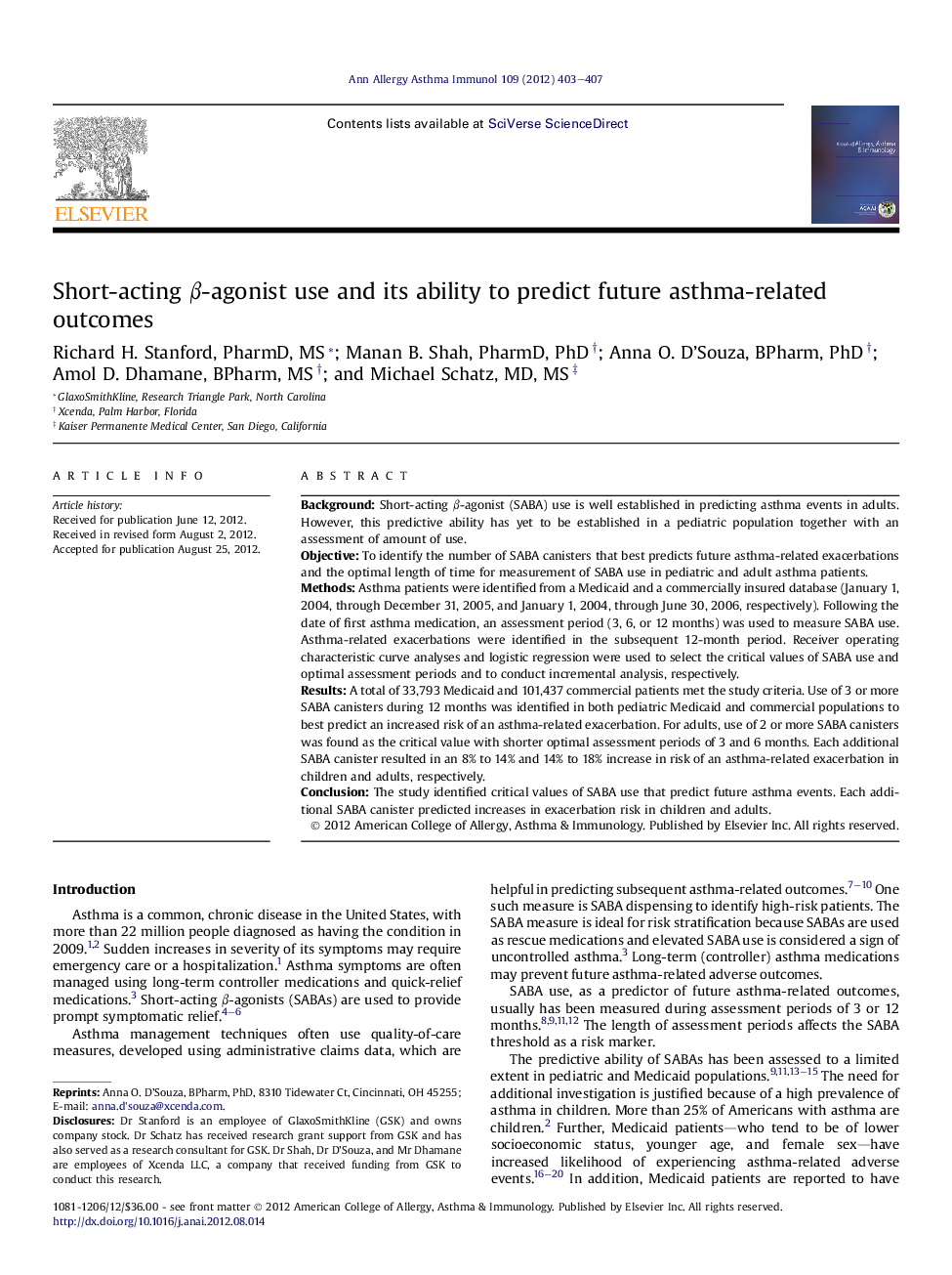 Short-acting Î²-agonist use and its ability to predict future asthma-related outcomes