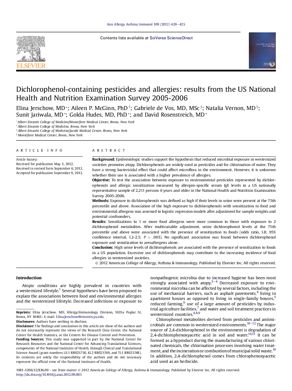 Dichlorophenol-containing pesticides and allergies: results from the US National Health and Nutrition Examination Survey 2005-2006