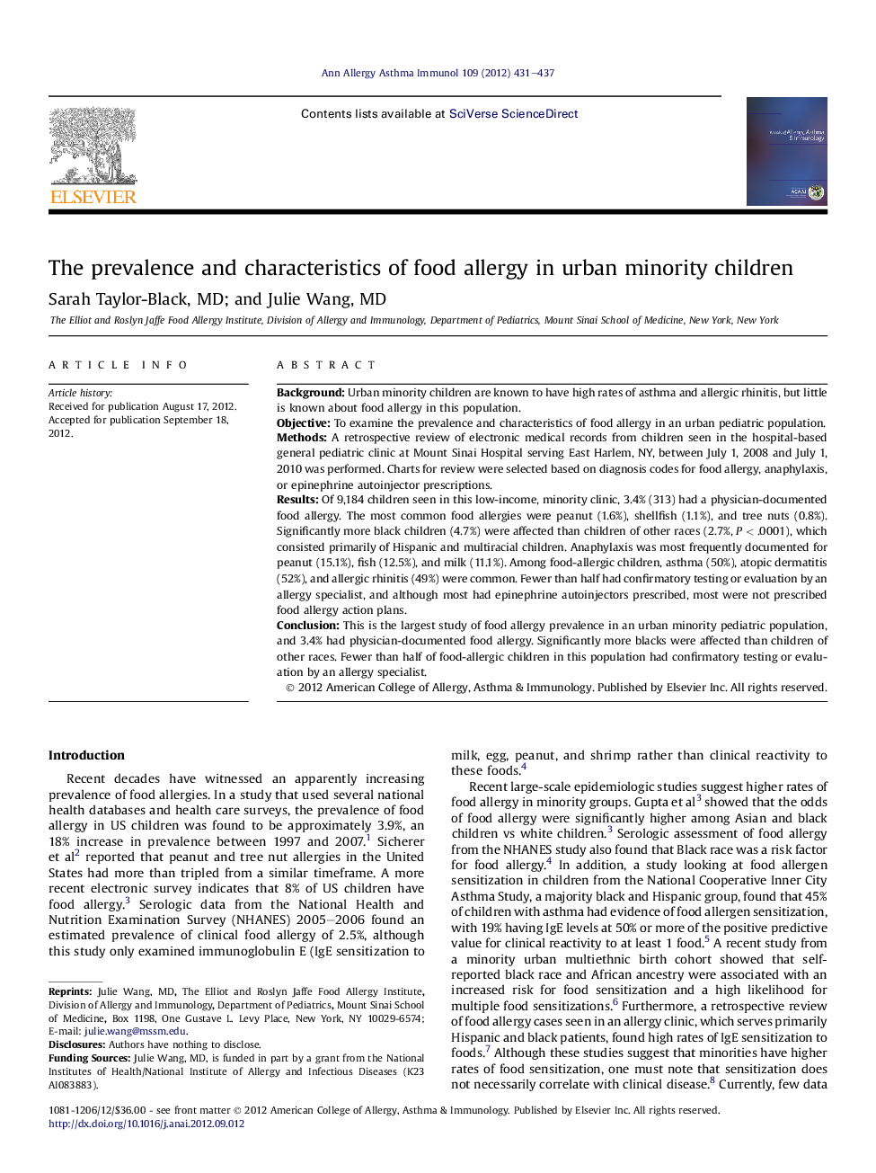 The prevalence and characteristics of food allergy in urban minority children
