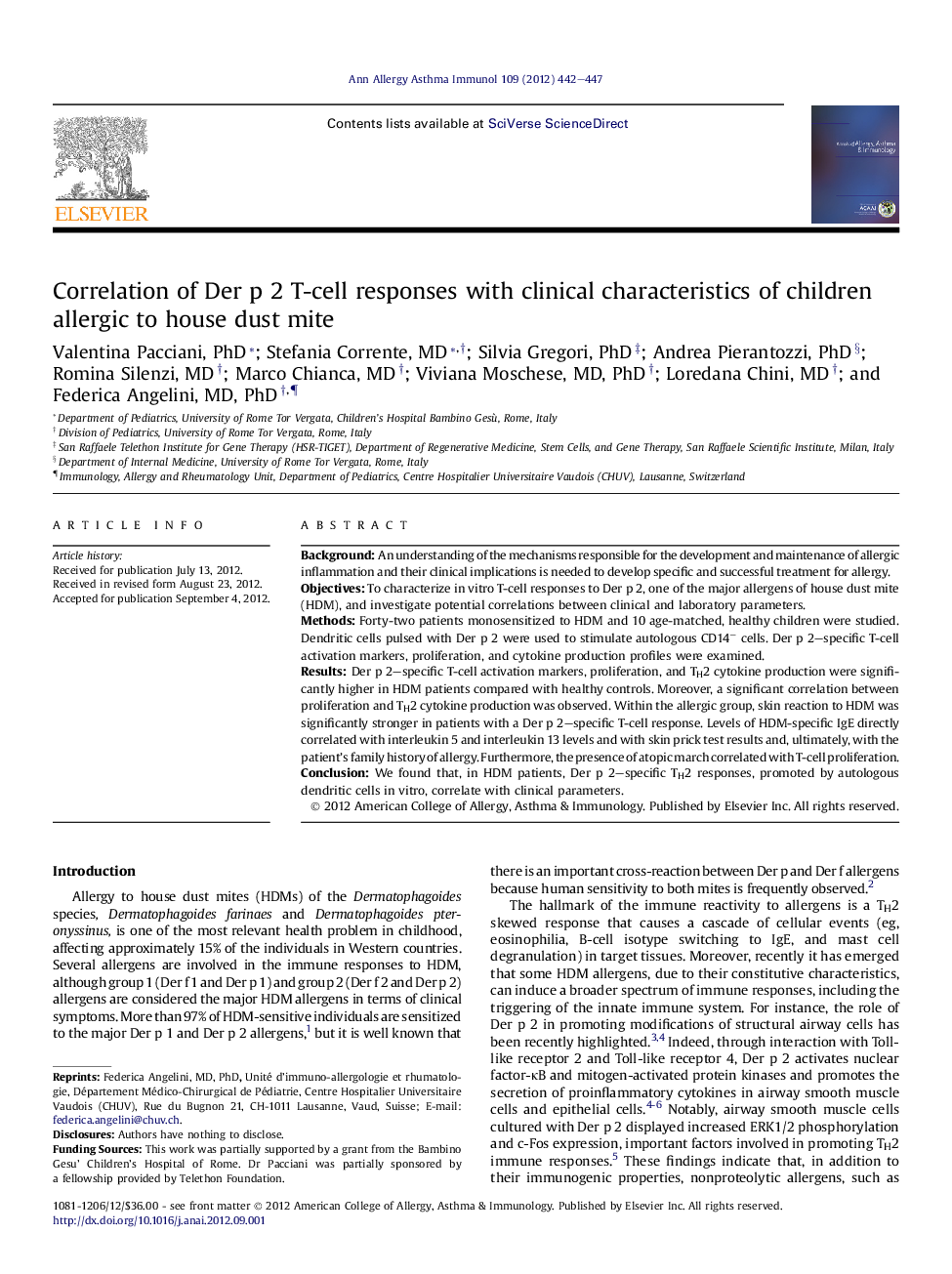 Correlation of Der p 2 T-cell responses with clinical characteristics of children allergic to house dust mite