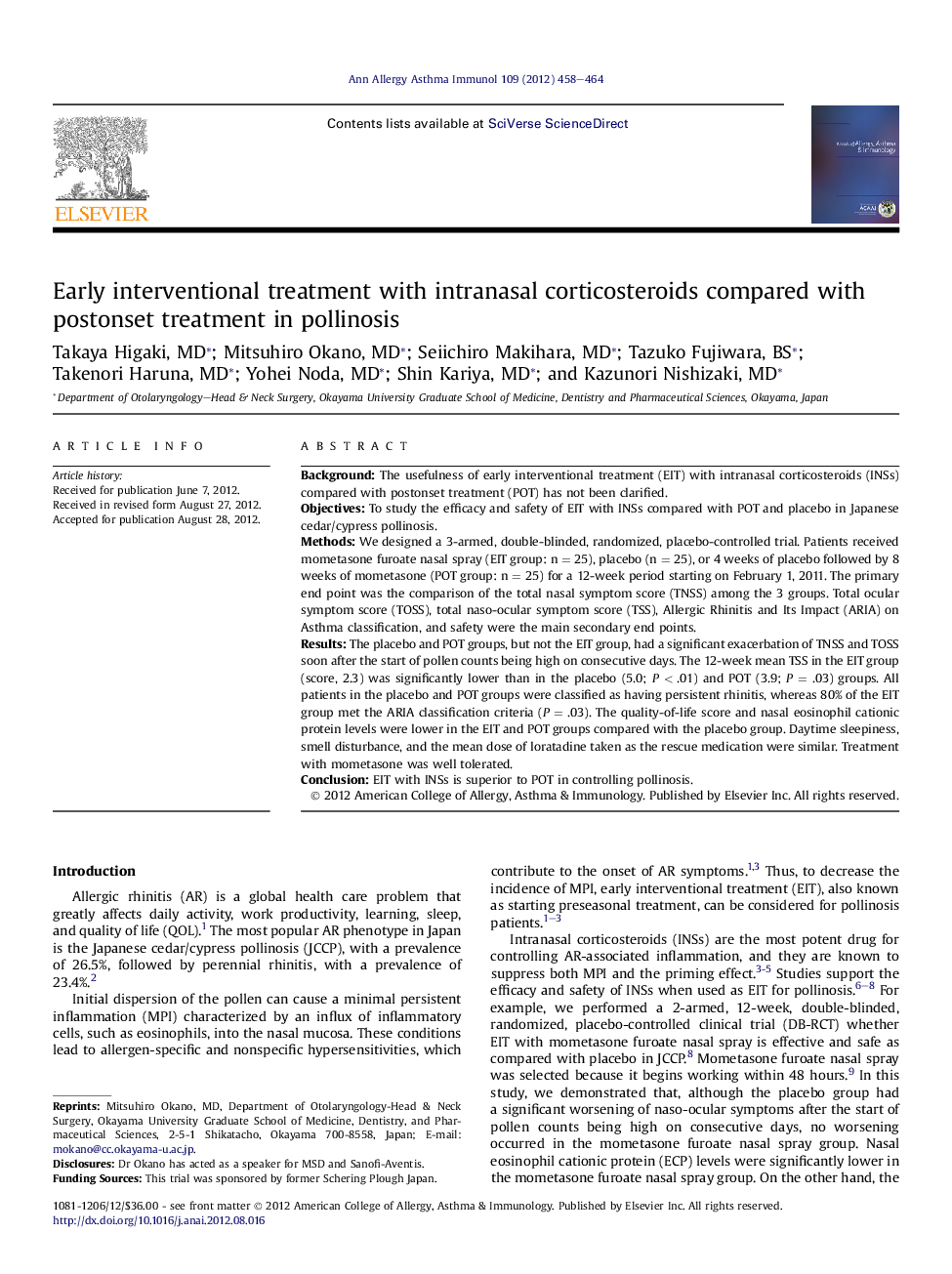Early interventional treatment with intranasal corticosteroids compared with postonset treatment in pollinosis
