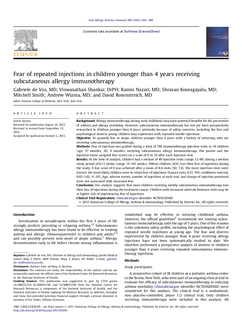 Fear of repeated injections in children younger than 4 years receiving subcutaneous allergy immunotherapy
