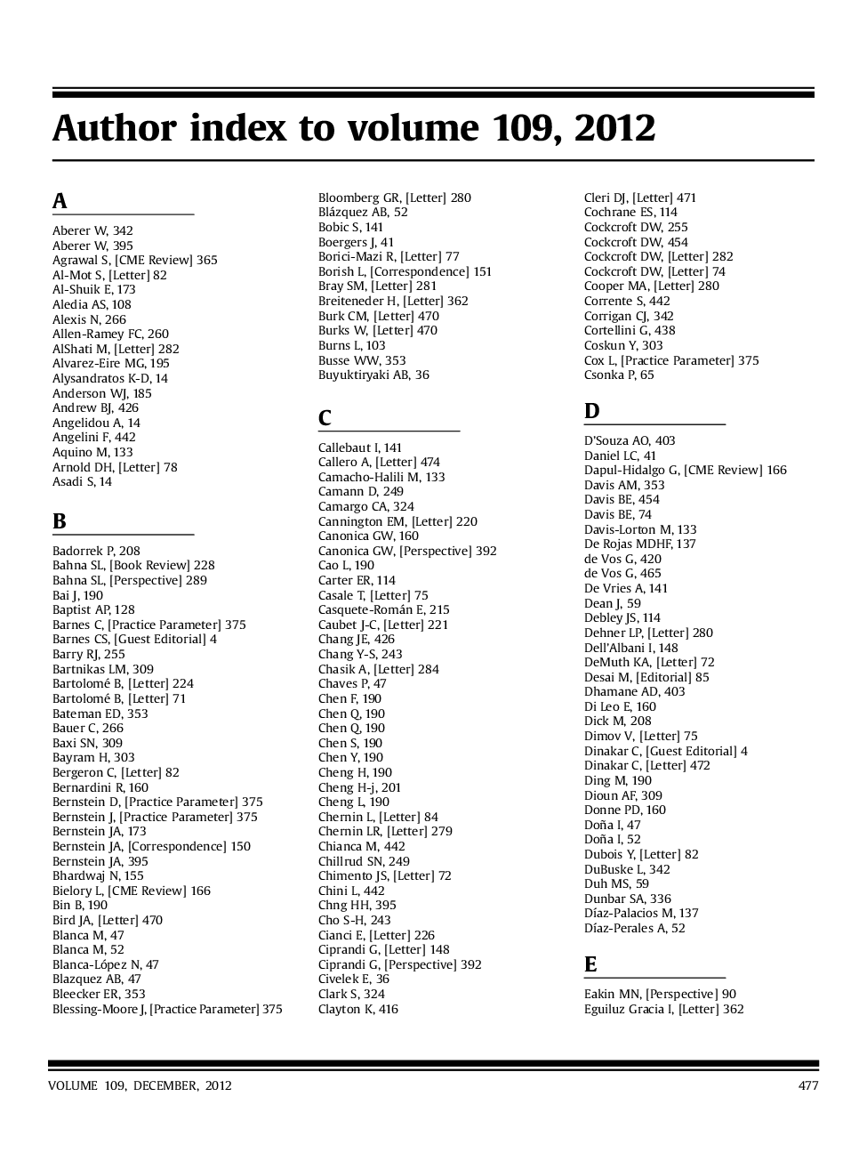 Author index to volume 109, 2012