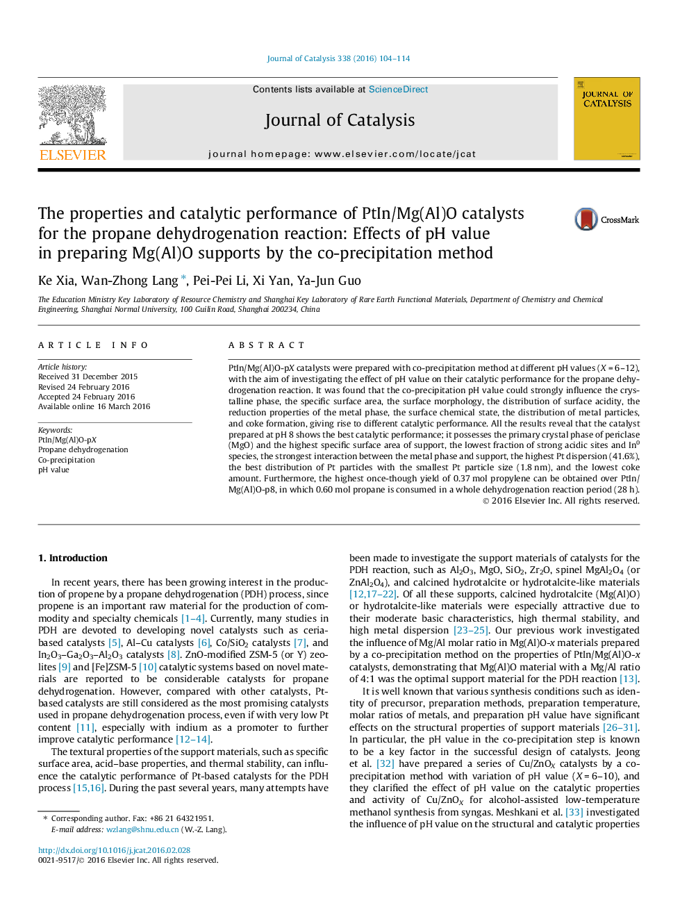 The properties and catalytic performance of PtIn/Mg(Al)O catalysts for the propane dehydrogenation reaction: Effects of pH value in preparing Mg(Al)O supports by the co-precipitation method