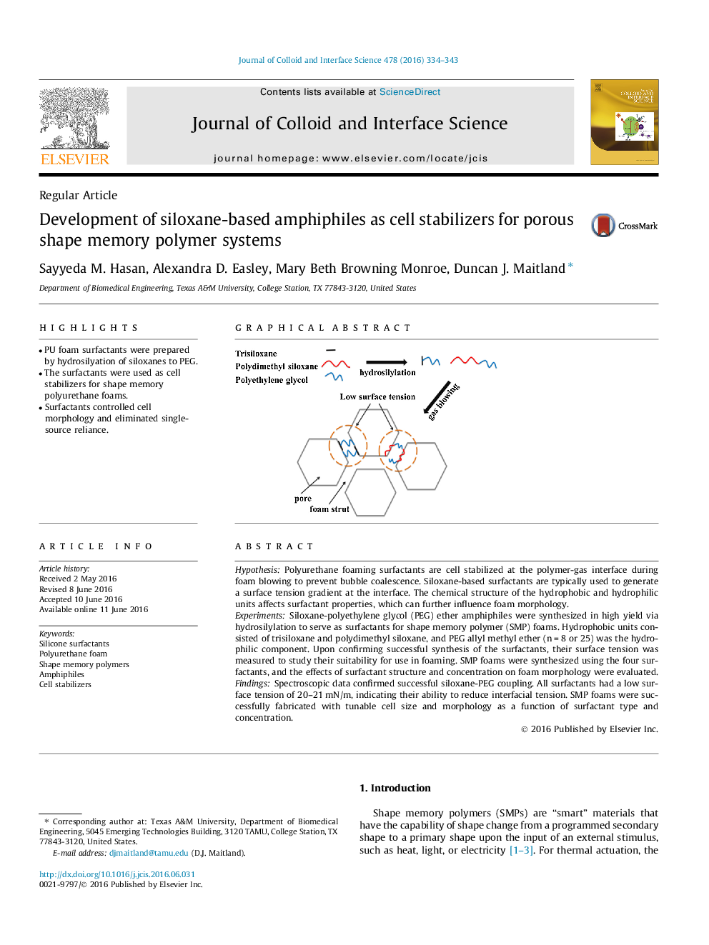 Development of siloxane-based amphiphiles as cell stabilizers for porous shape memory polymer systems