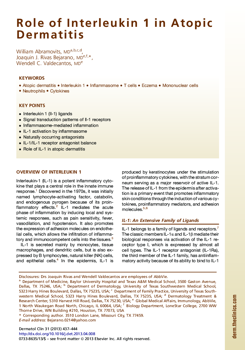 Role of Interleukin 1 in Atopic Dermatitis