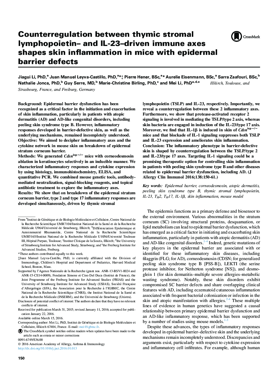 Asthma and lower airway diseaseCounterregulation between thymic stromal lymphopoietin- and IL-23-driven immune axes shapes skin inflammation in mice with epidermal barrier defects