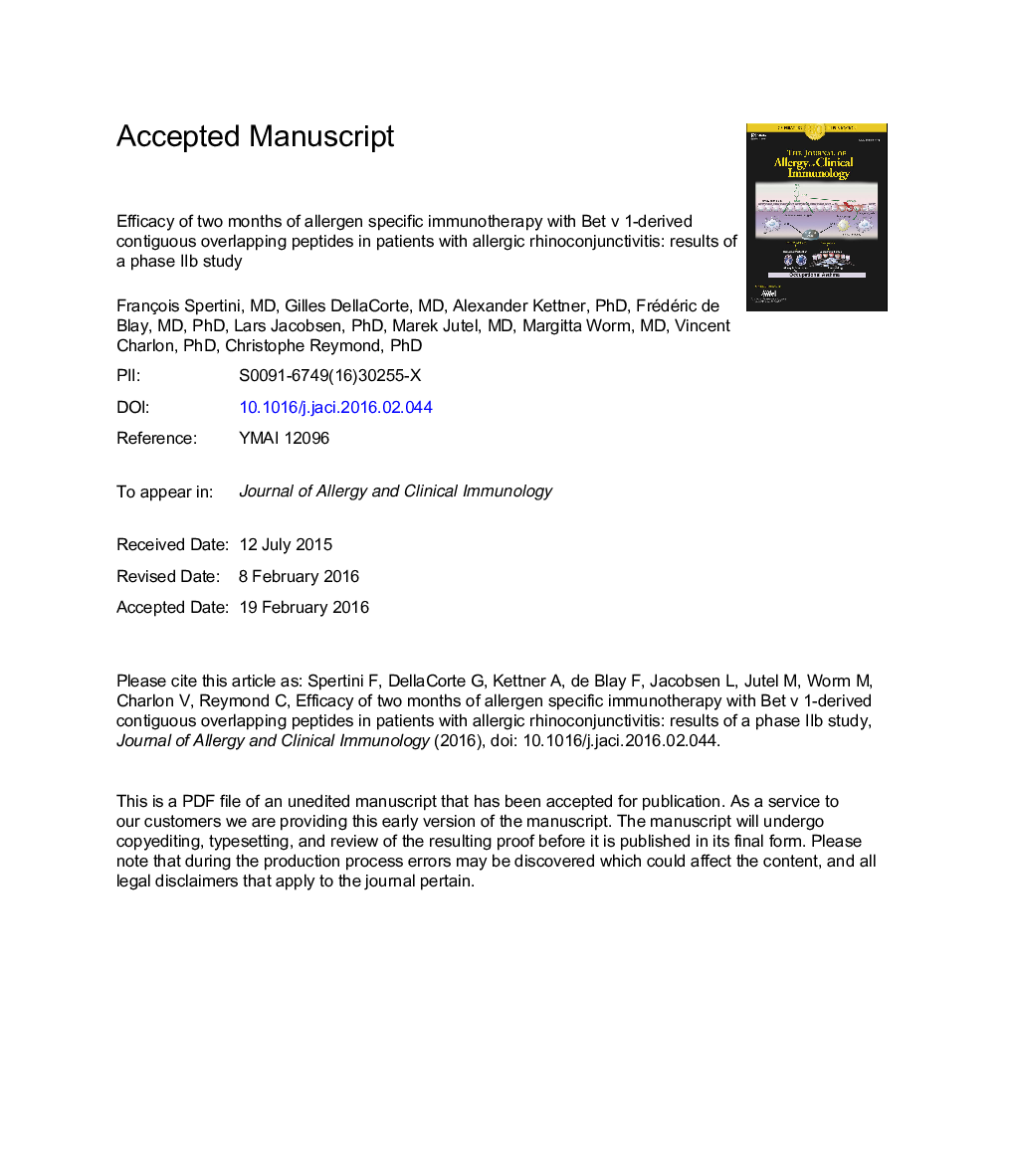 Efficacy of 2Â months of allergen-specific immunotherapy with Bet v 1-derived contiguous overlapping peptides in patients with allergic rhinoconjunctivitis: Results of a phase IIb study