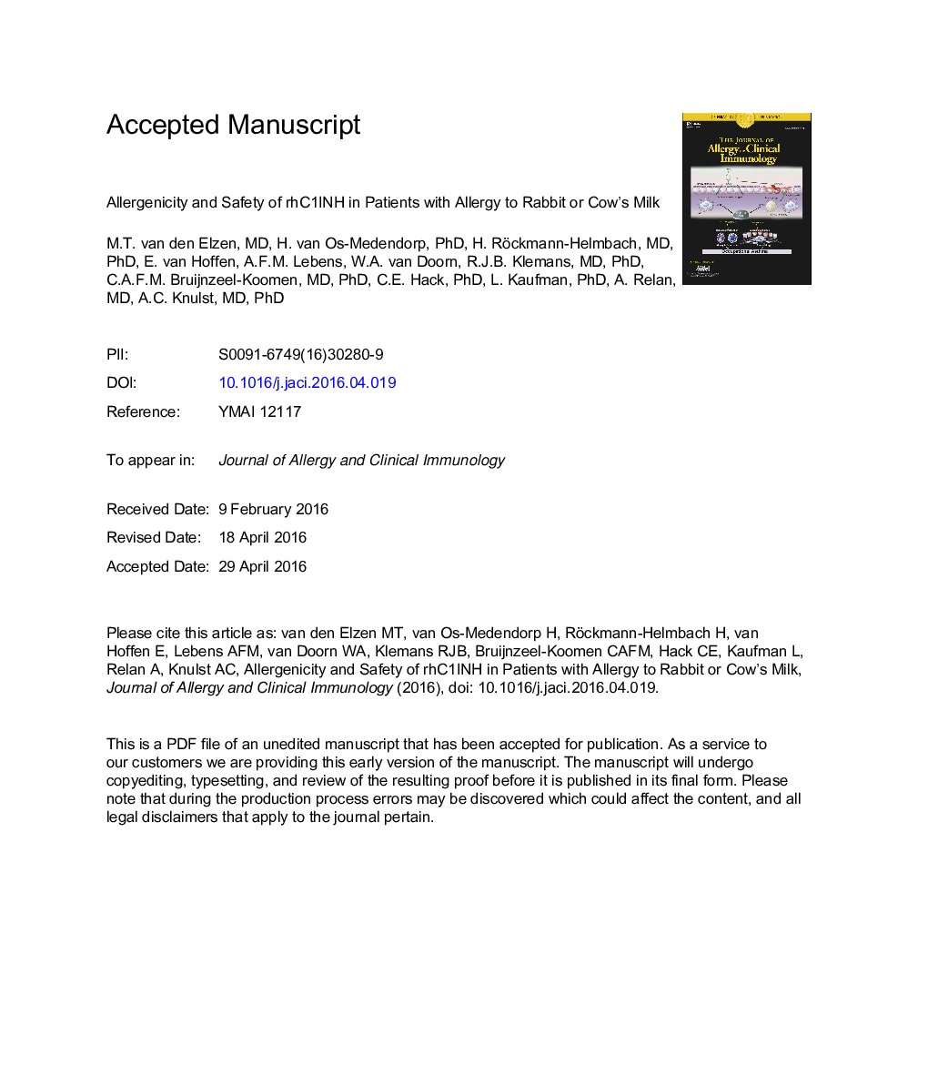 Allergenicity and safety of recombinant human C1 esterase inhibitor in patients with allergy to rabbit or cow's milk