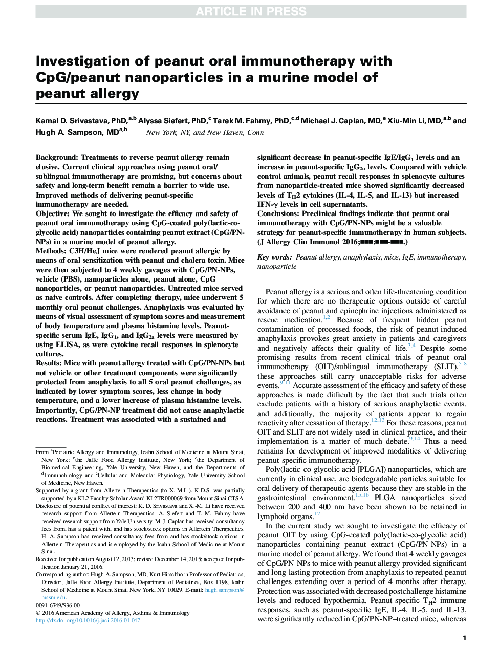 Investigation of peanut oral immunotherapy with CpG/peanut nanoparticles in a murine model of peanut allergy