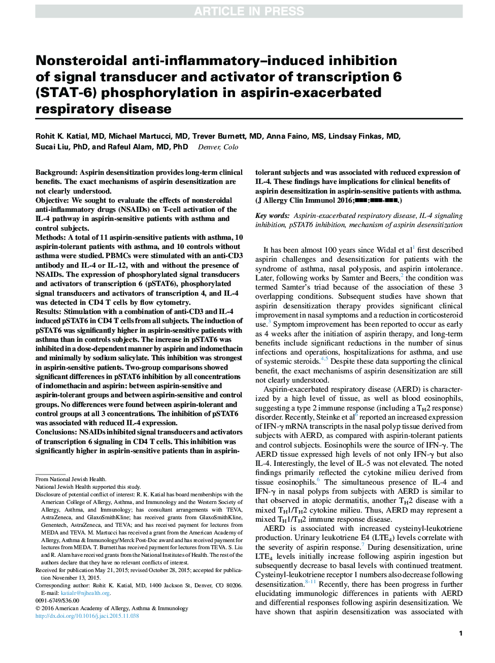 Nonsteroidal anti-inflammatory-induced inhibition of signal transducer and activator of transcription 6 (STAT-6) phosphorylation in aspirin-exacerbated respiratory disease