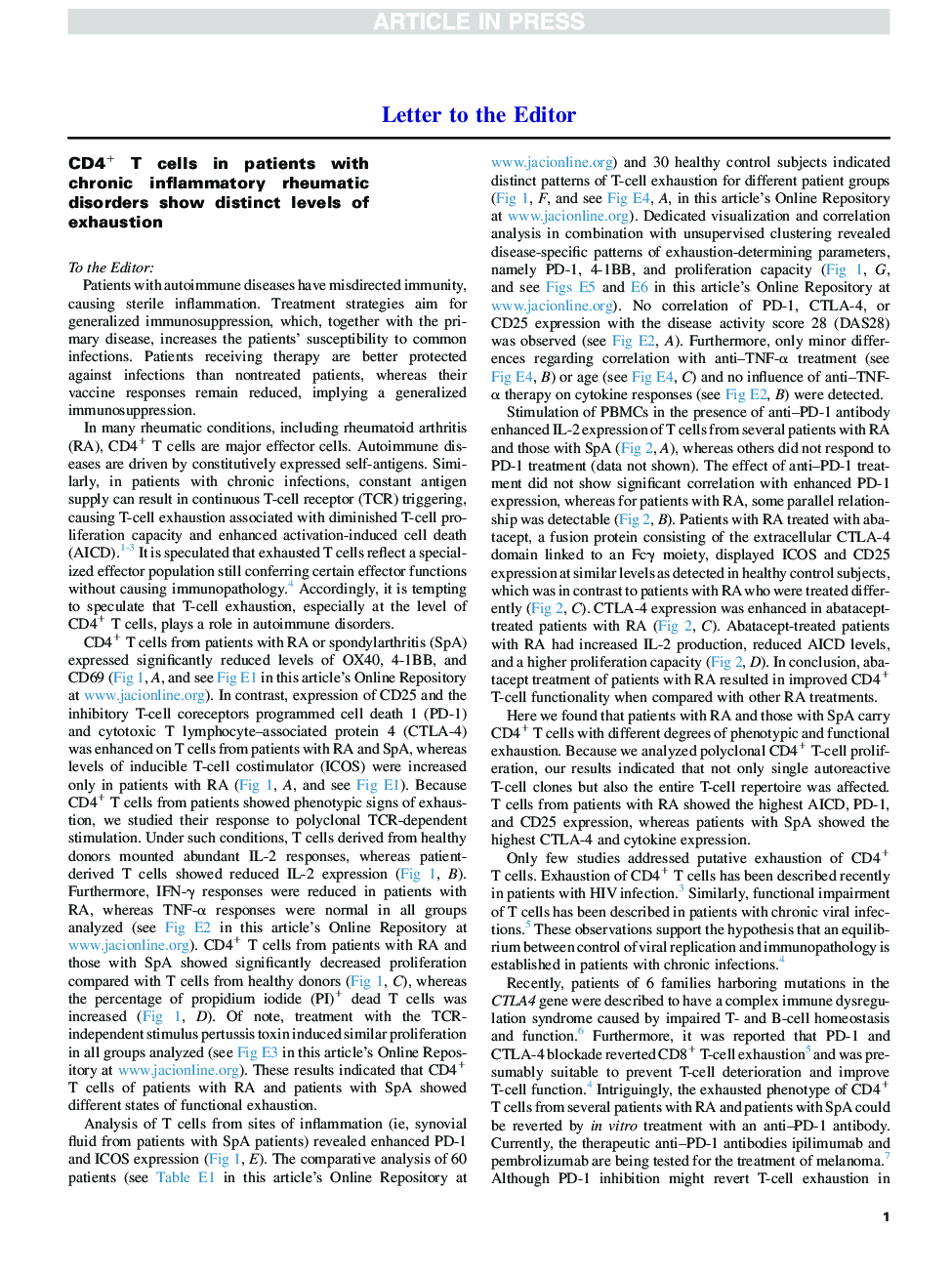 CD4+ T cells in patients with chronic inflammatory rheumatic disorders show distinct levels of exhaustion