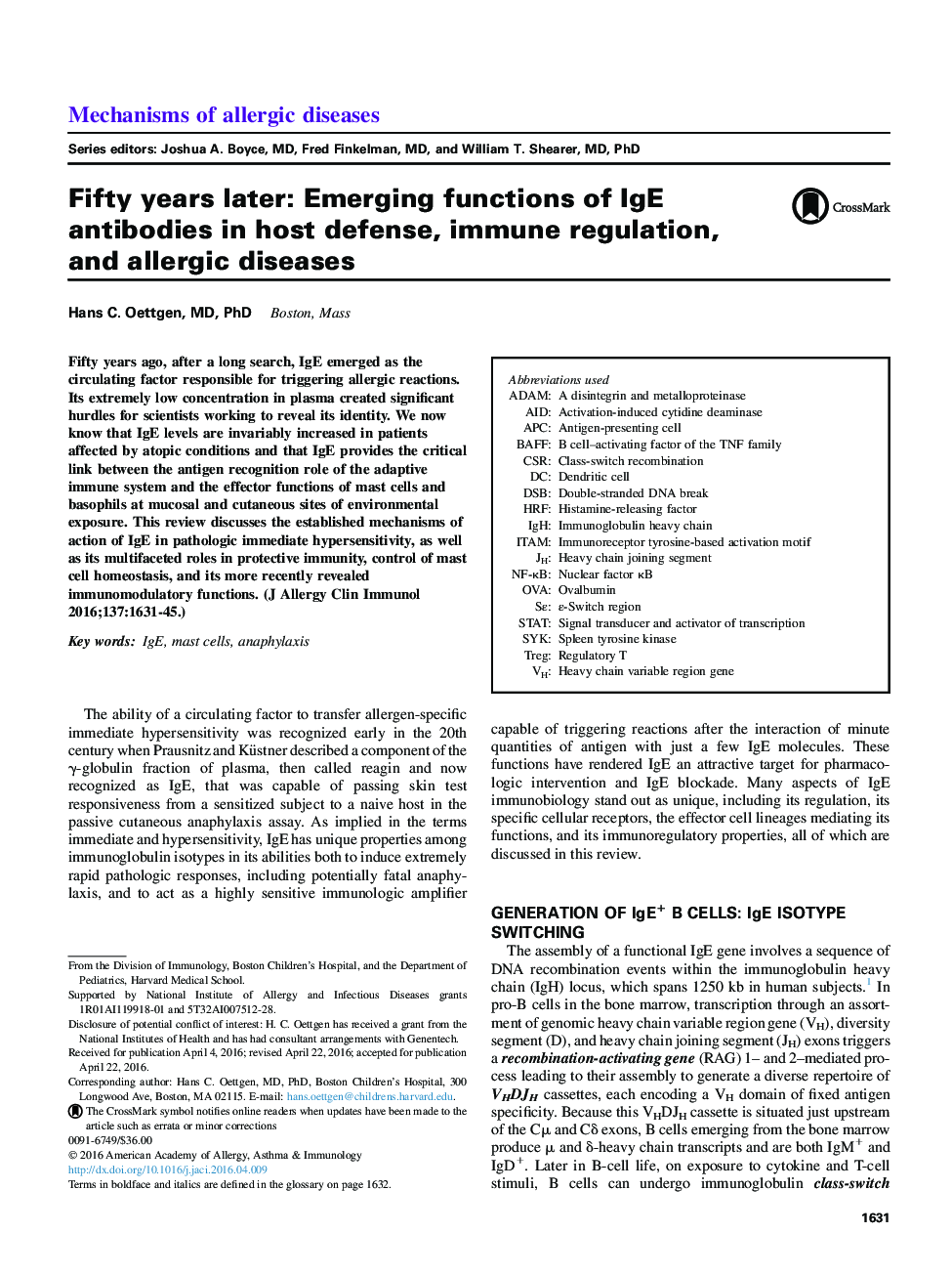 Fifty years later: Emerging functions of IgE antibodies in host defense, immune regulation, and allergic diseases
