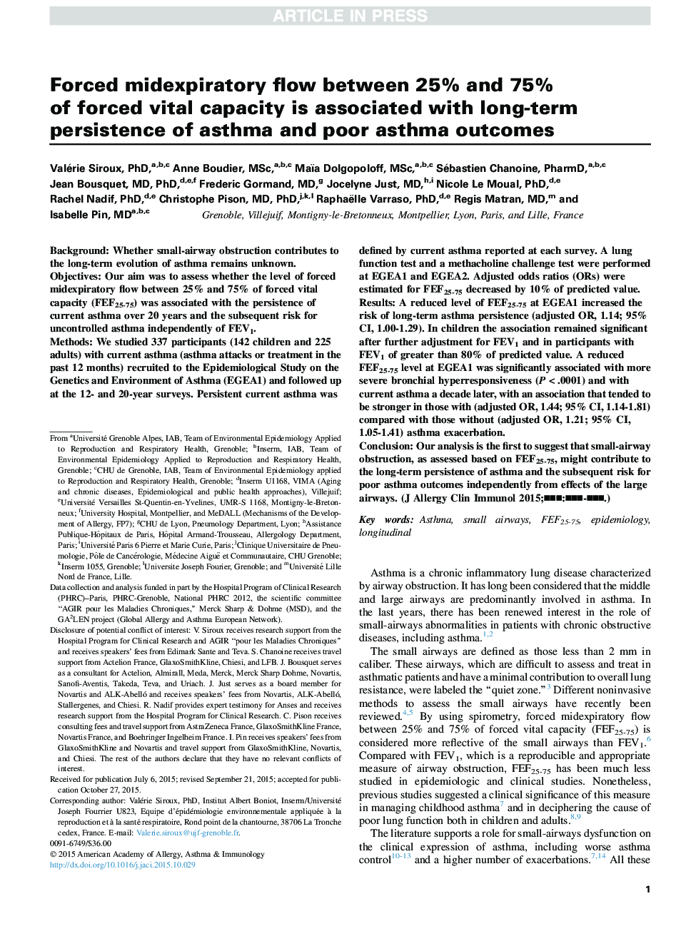 Forced midexpiratory flow between 25% and 75% of forced vital capacity is associated with long-term persistence of asthma and poor asthma outcomes