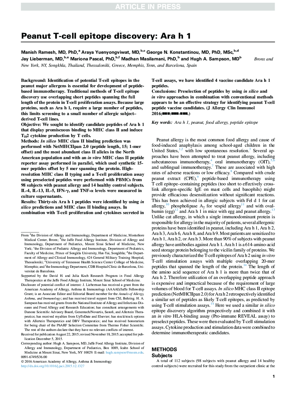 Peanut T-cell epitope discovery: Ara h 1