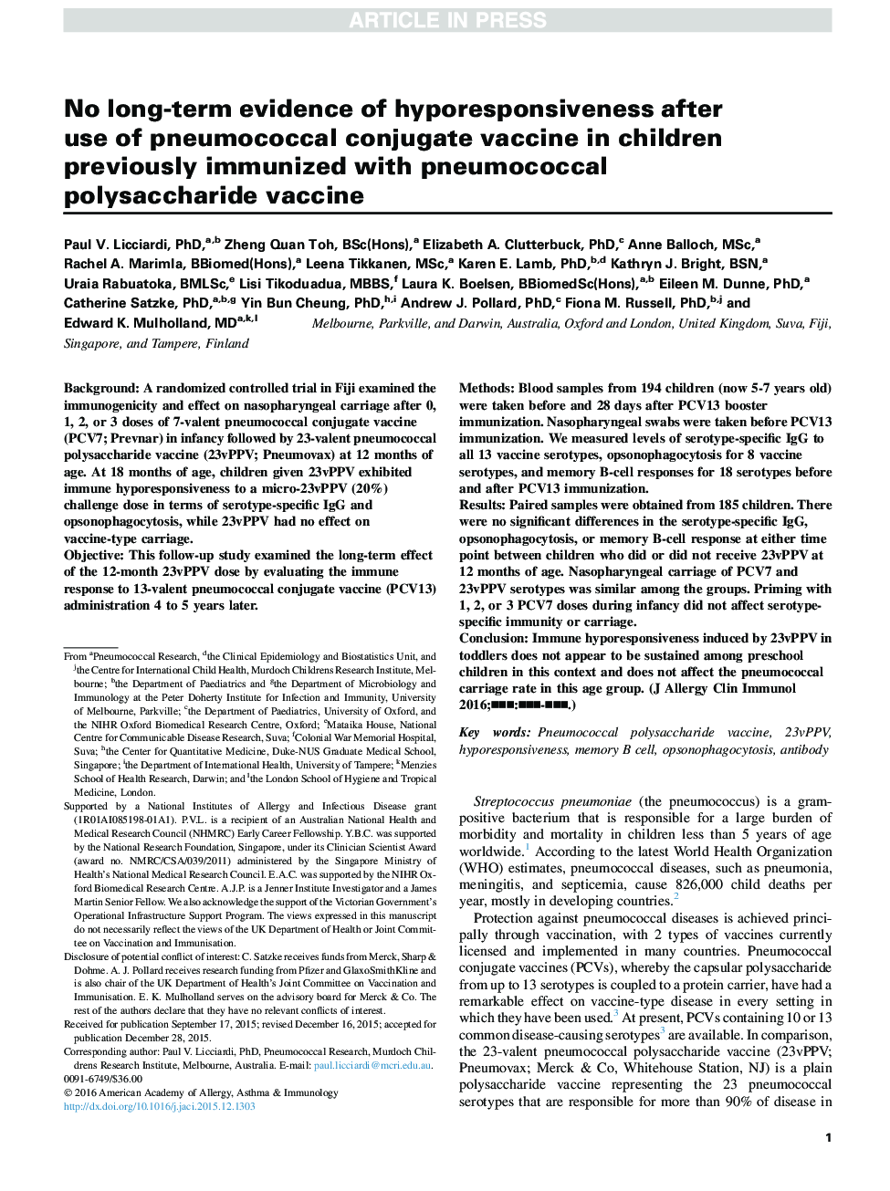 No long-term evidence of hyporesponsiveness after use of pneumococcal conjugate vaccine in children previously immunized with pneumococcal polysaccharide vaccine