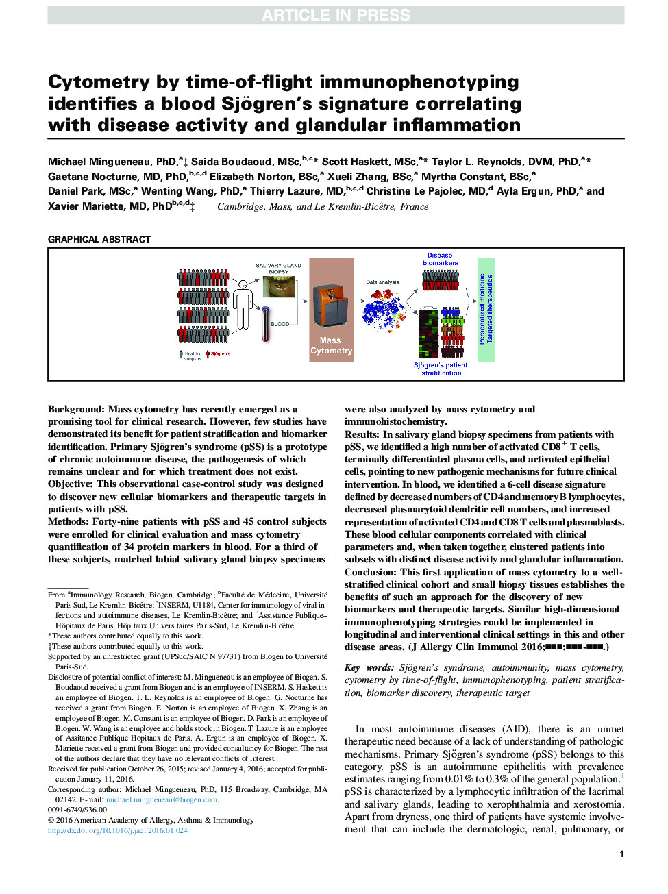 Cytometry by time-of-flight immunophenotyping identifies a blood Sjögren's signature correlating with disease activity and glandular inflammation