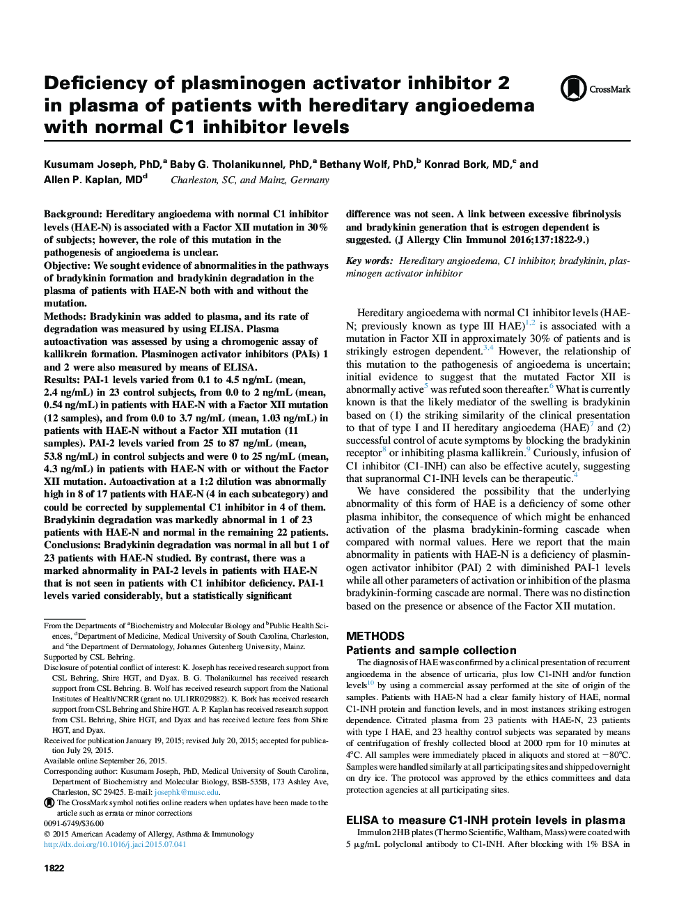 Mechanisms of allergy and clinical immunologyDeficiency of plasminogen activator inhibitor 2 in plasma of patients with hereditary angioedema with normal C1 inhibitor levels