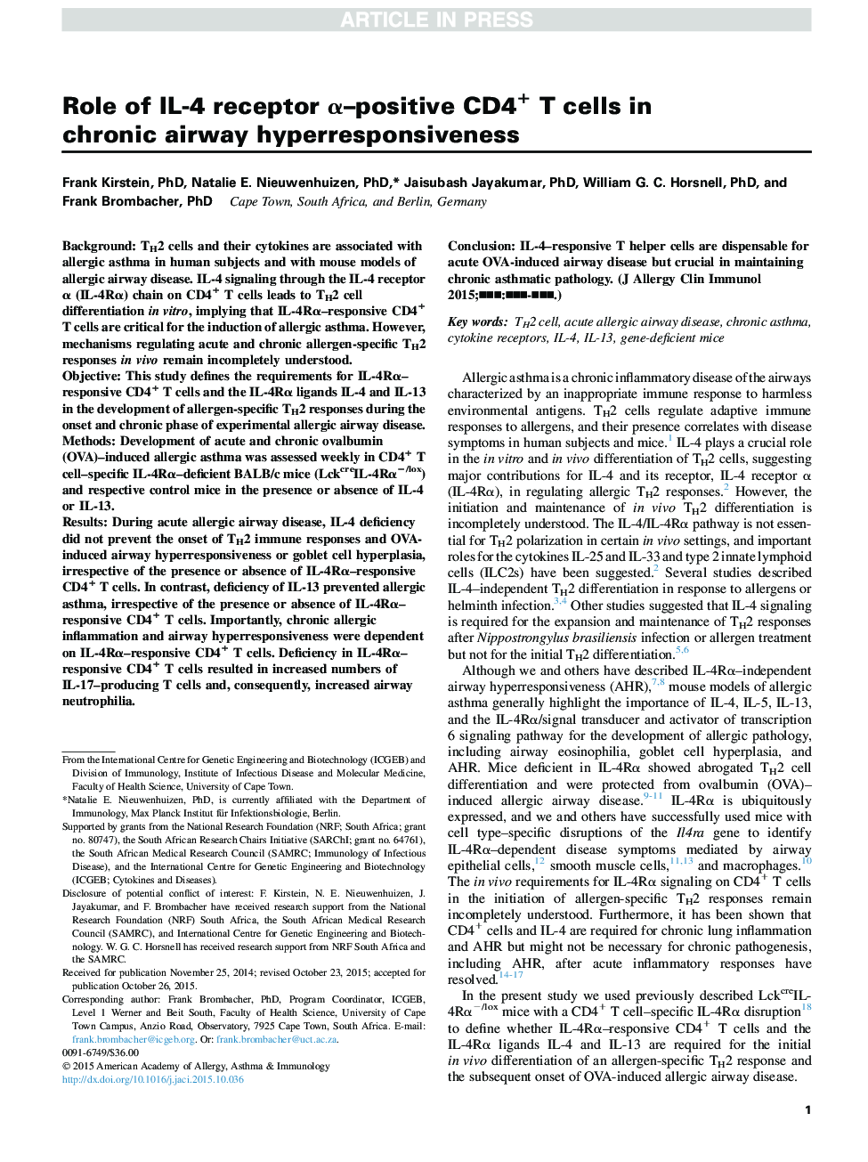 Role of IL-4 receptor Î±-positive CD4+ T cells in chronic airway hyperresponsiveness