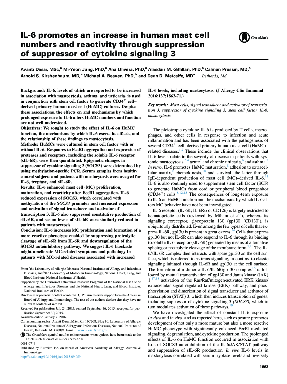 Mechanisms of allergy and clinical immunologyIL-6 promotes an increase in human mast cell numbers and reactivity through suppression of suppressor of cytokine signaling 3