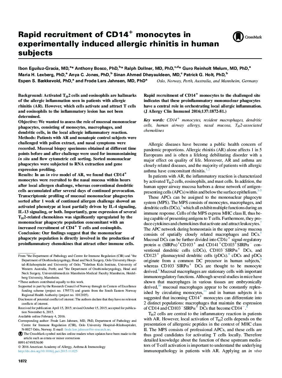 Mechanisms of allergy and clinical immunologyRapid recruitment of CD14+ monocytes in experimentally induced allergic rhinitis in human subjects