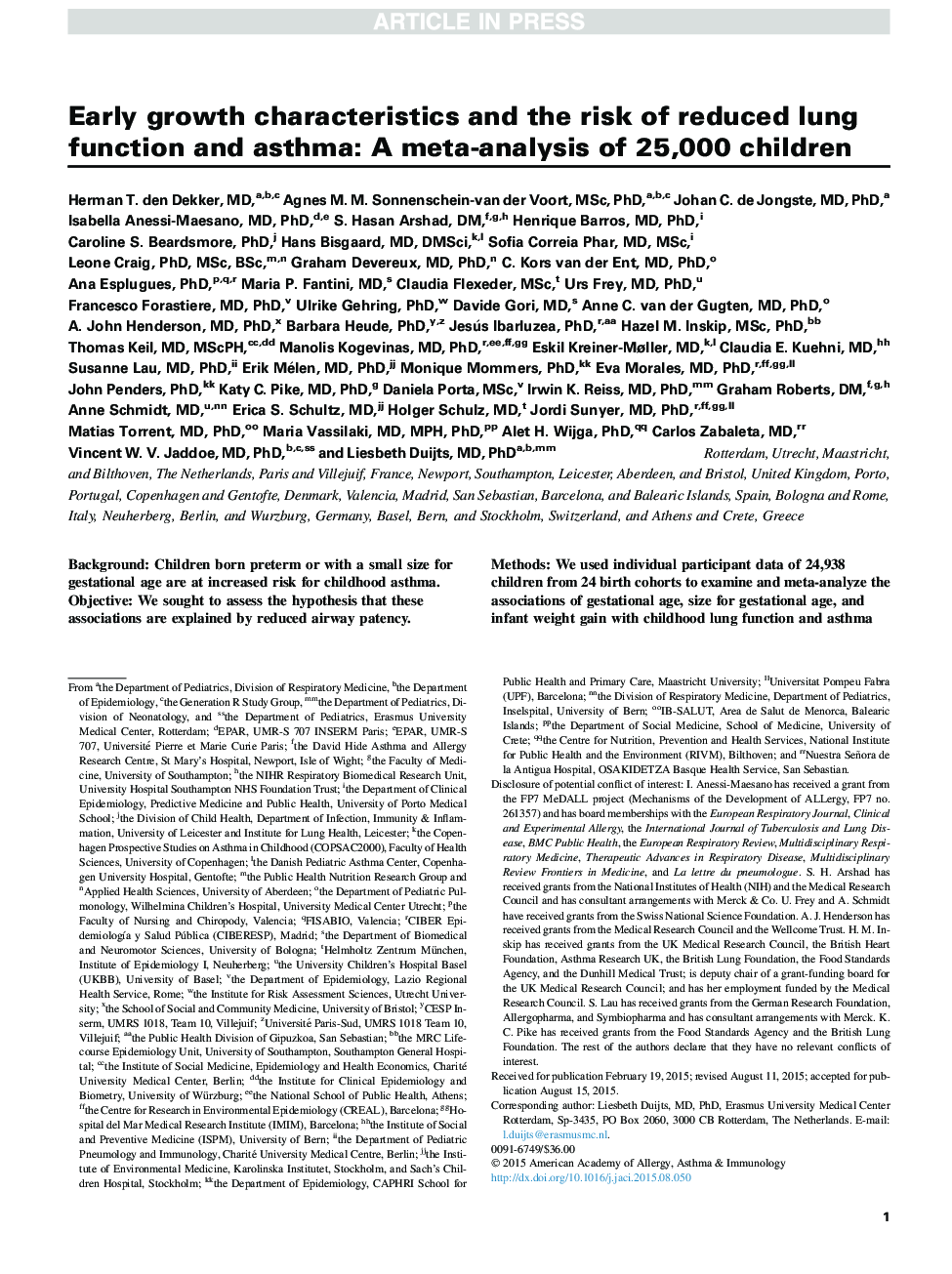 Early growth characteristics and the risk of reduced lung function and asthma: AÂ meta-analysis of 25,000 children