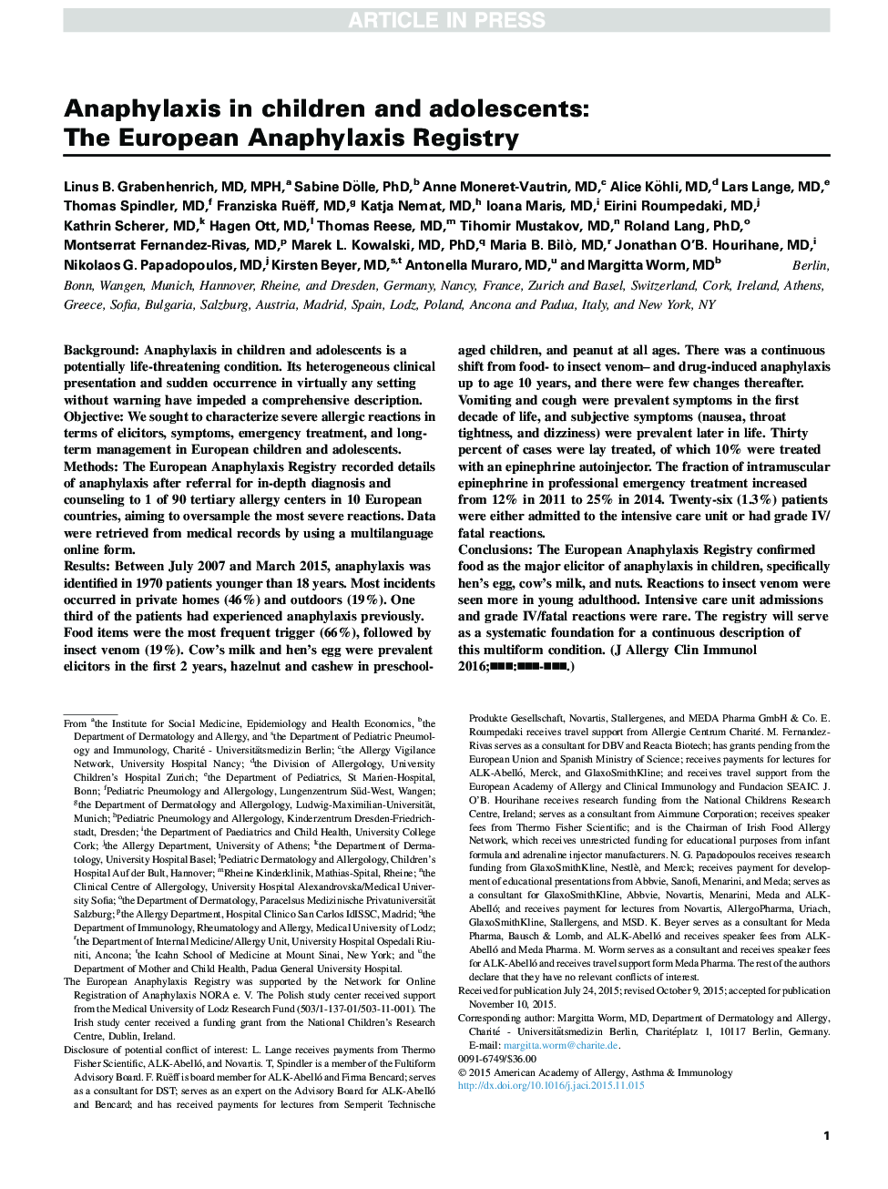 Anaphylaxis in children and adolescents: The European Anaphylaxis Registry