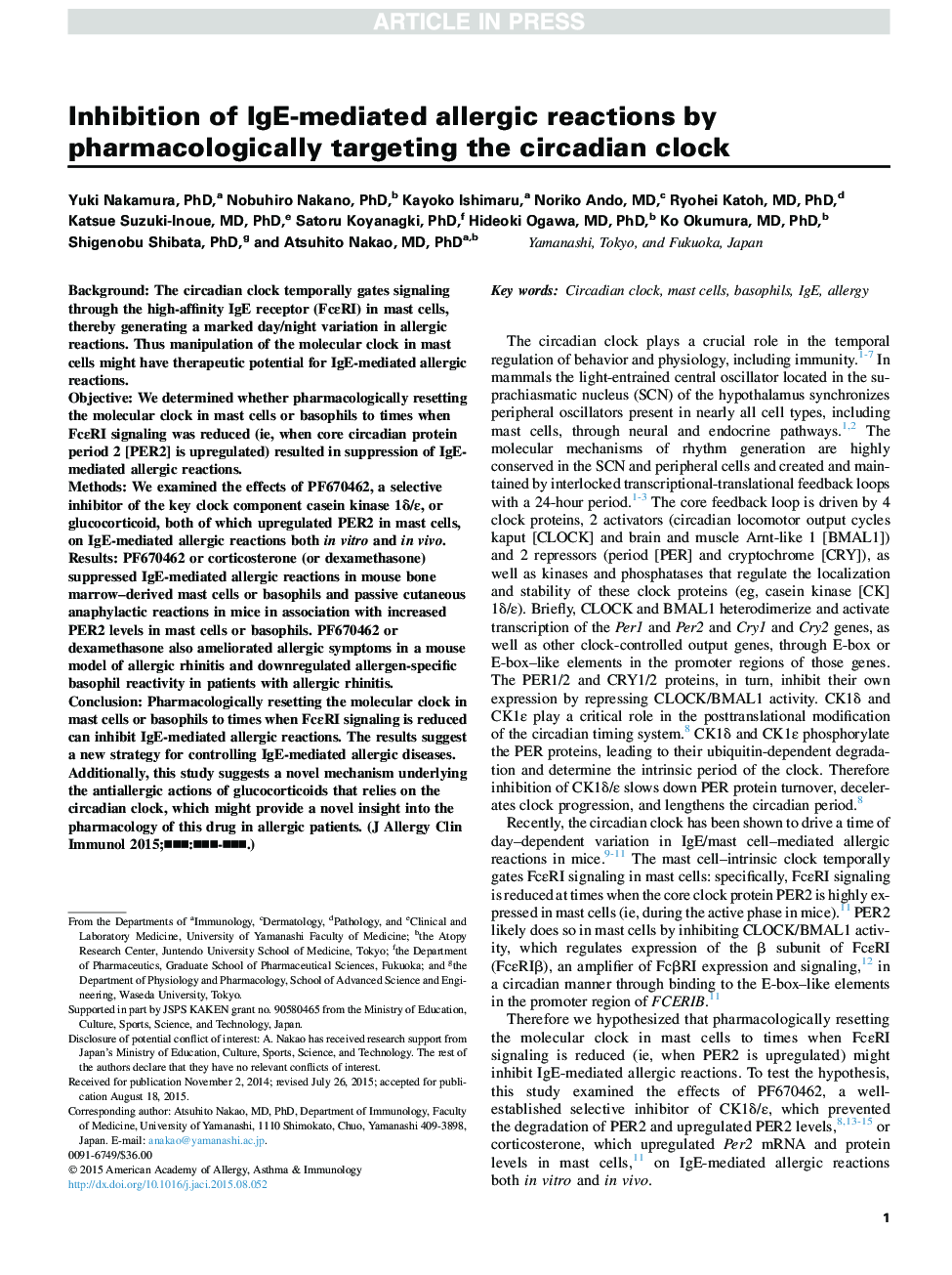 Inhibition of IgE-mediated allergic reactions by pharmacologically targeting the circadian clock