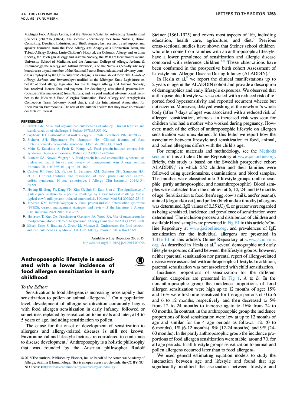 Anthroposophic lifestyle is associated with a lower incidence of food allergen sensitization in early childhood