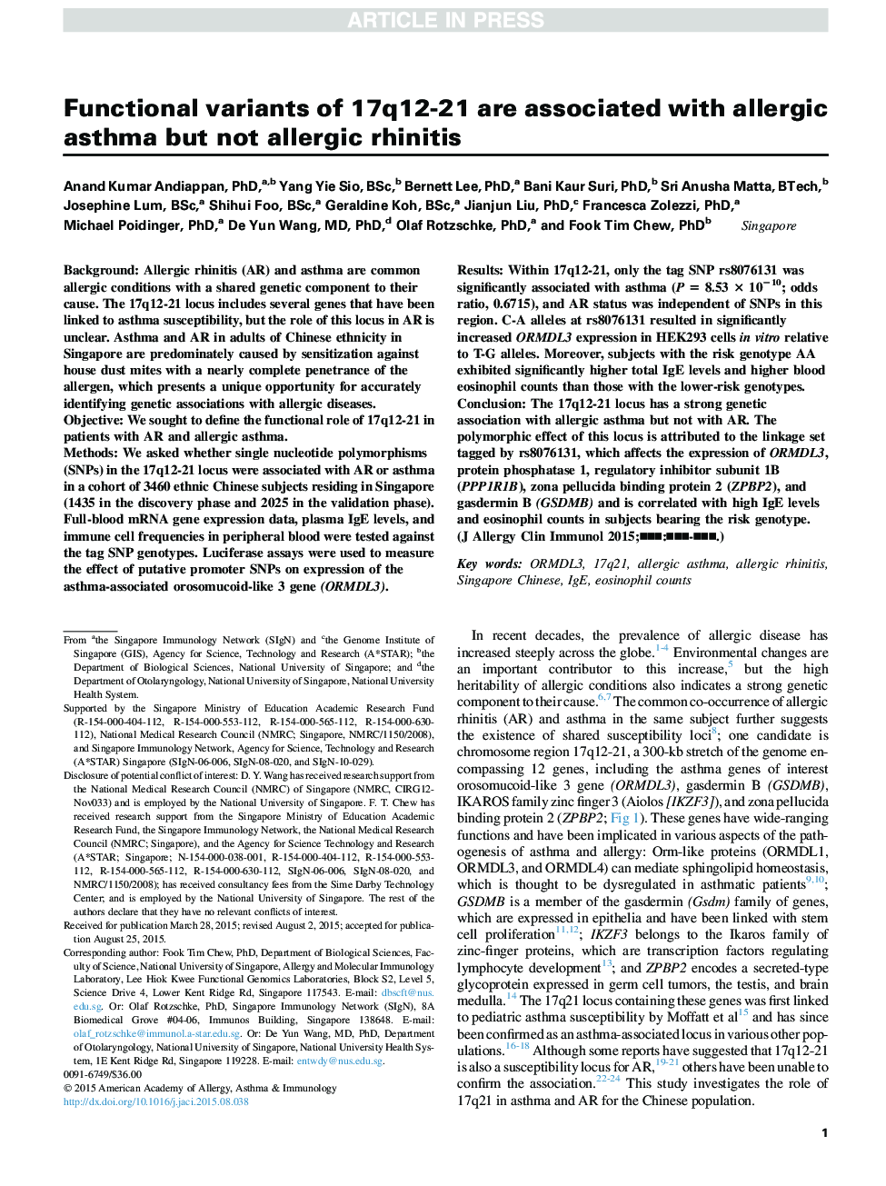 Functional variants of 17q12-21 are associated with allergic asthma but not allergic rhinitis