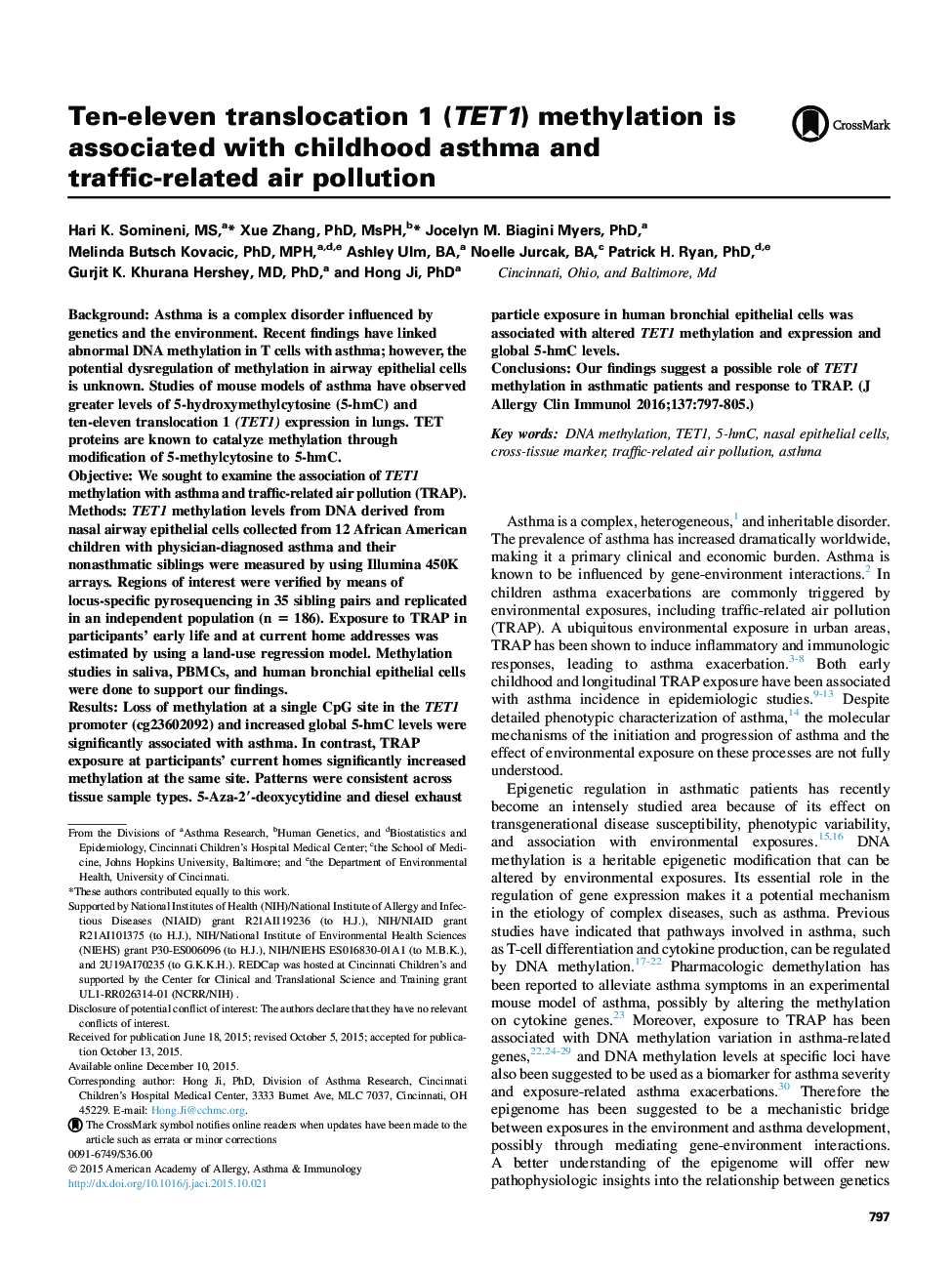 Asthma and lower airway diseaseTen-eleven translocation 1 (TET1) methylation is associated with childhood asthma and traffic-related air pollution