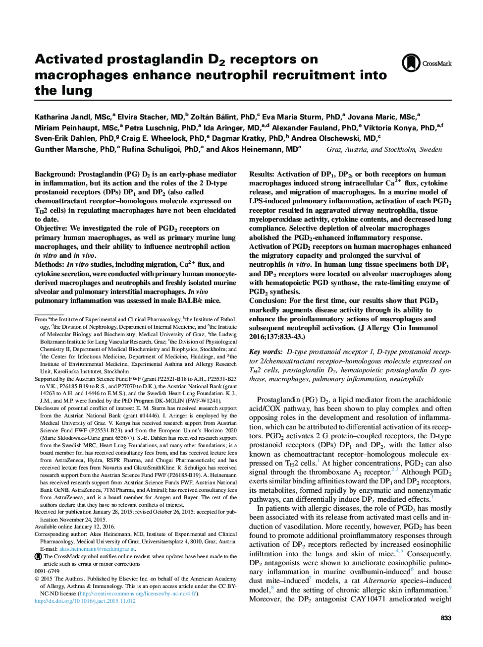 Activated prostaglandin D2 receptors on macrophages enhance neutrophil recruitment into the lung