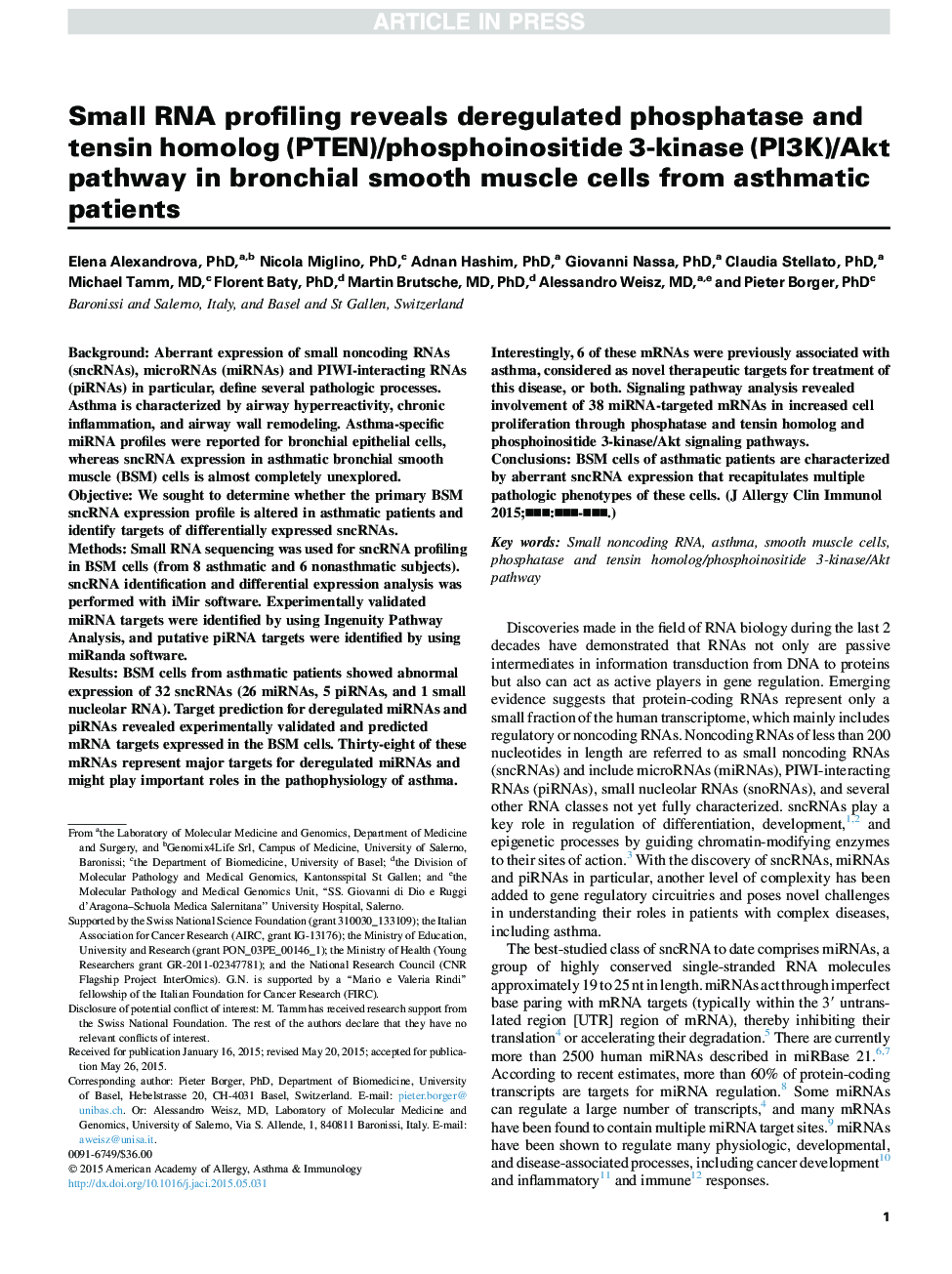 Small RNA profiling reveals deregulated phosphatase and tensin homolog (PTEN)/phosphoinositide 3-kinase (PI3K)/Akt pathway in bronchial smooth muscle cells from asthmatic patients