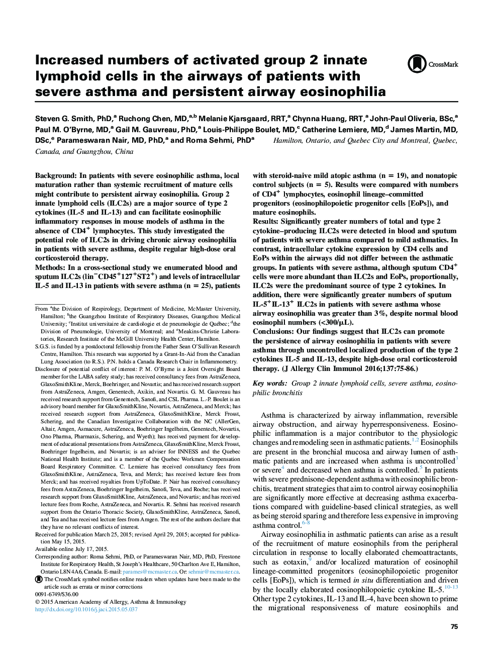 Asthma and lower airway diseaseIncreased numbers of activated group 2 innate lymphoid cells in the airways of patients with severe asthma and persistent airway eosinophilia