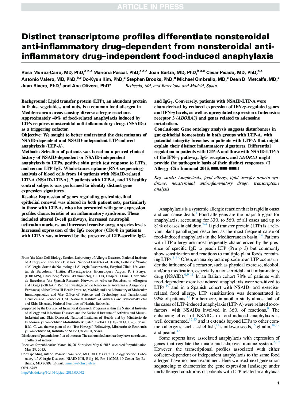 Distinct transcriptome profiles differentiate nonsteroidal anti-inflammatory drug-dependent from nonsteroidal anti-inflammatory drug-independent food-induced anaphylaxis