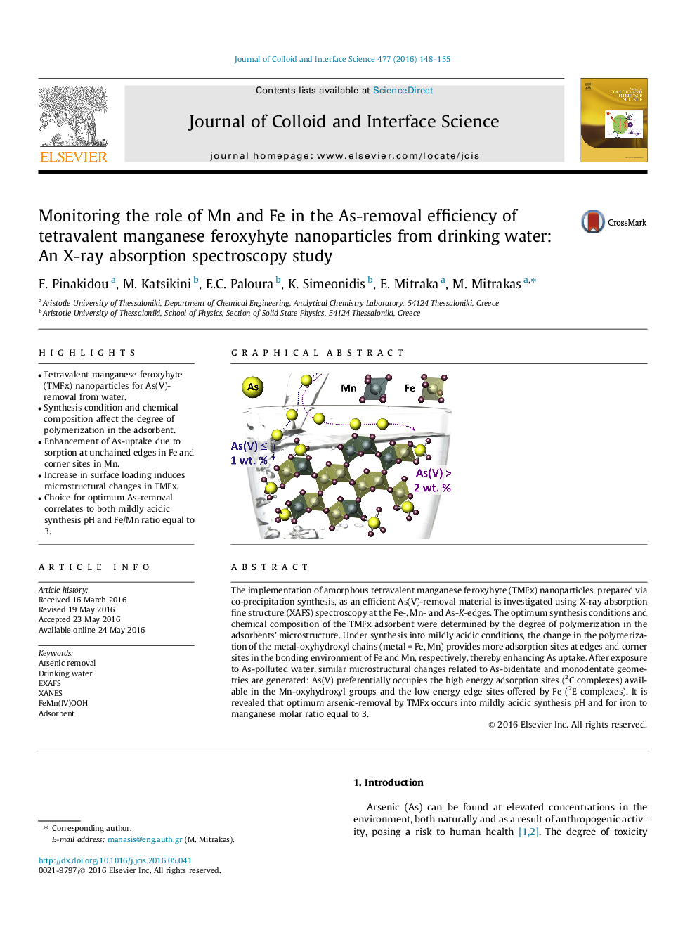 Monitoring the role of Mn and Fe in the As-removal efficiency of tetravalent manganese feroxyhyte nanoparticles from drinking water: An X-ray absorption spectroscopy study