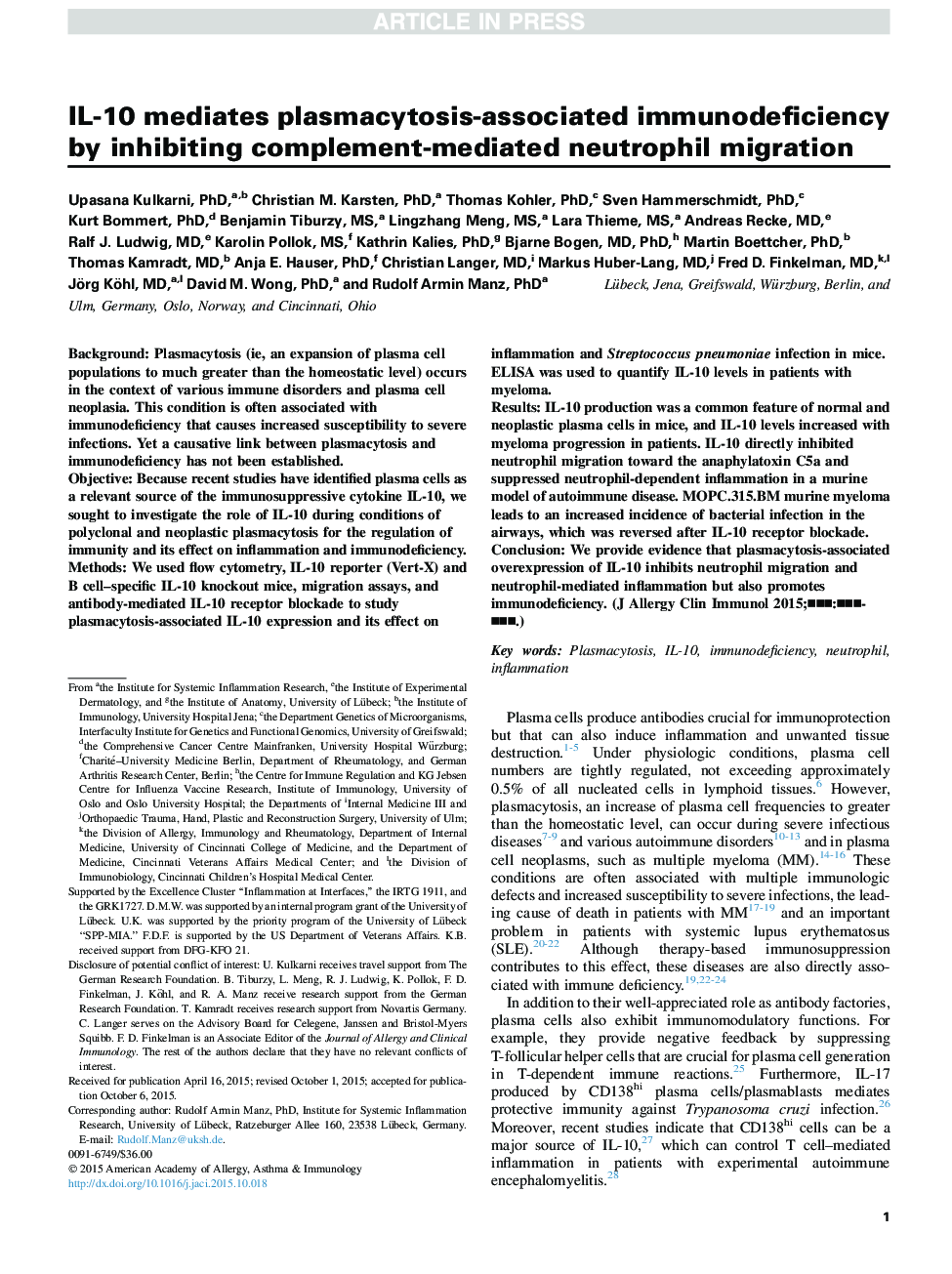 IL-10 mediates plasmacytosis-associated immunodeficiency by inhibiting complement-mediated neutrophil migration