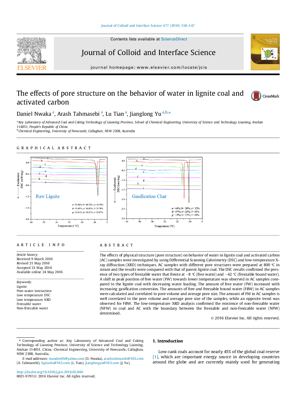 The effects of pore structure on the behavior of water in lignite coal and activated carbon