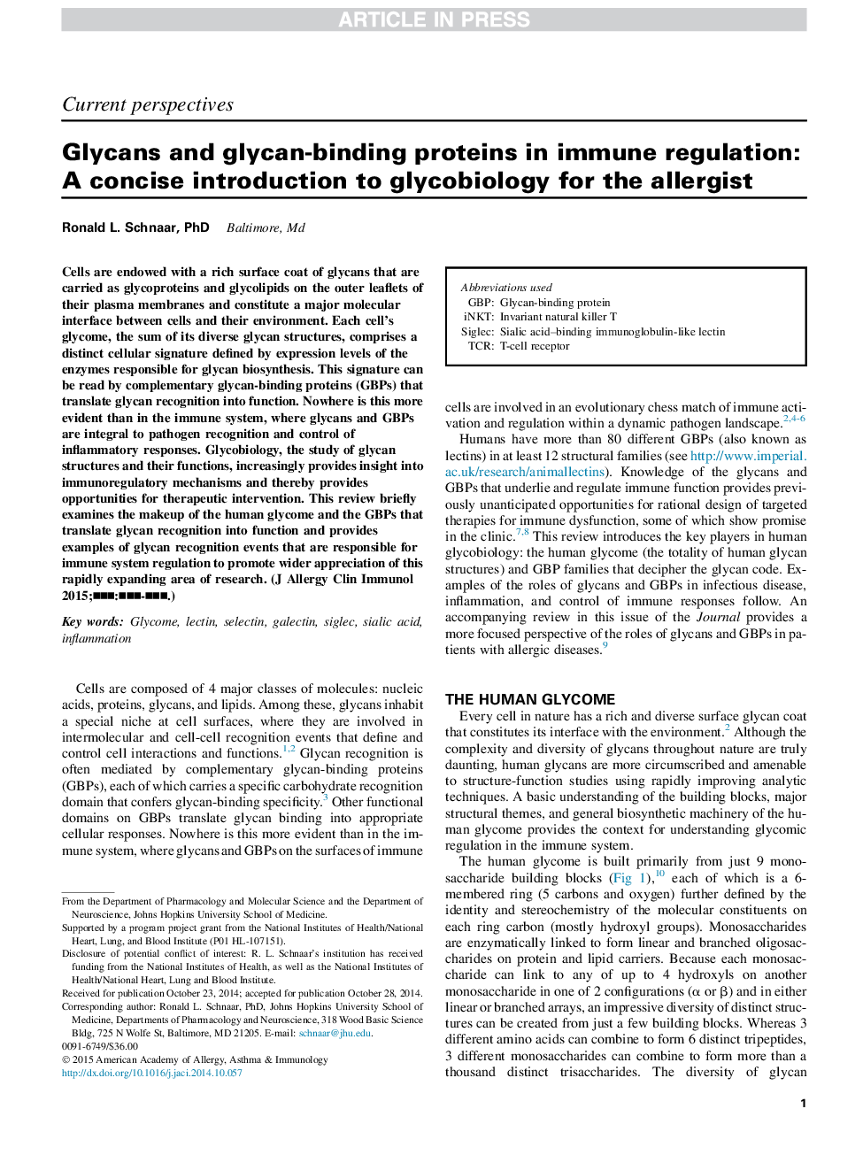 Glycans and glycan-binding proteins in immune regulation: AÂ concise introduction to glycobiology for the allergist