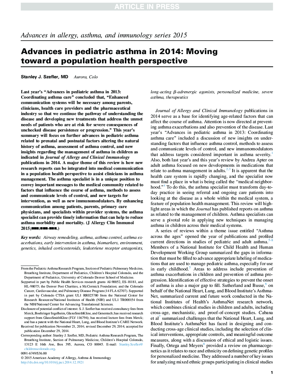 Advances in pediatric asthma in 2014: Moving toward a population health perspective