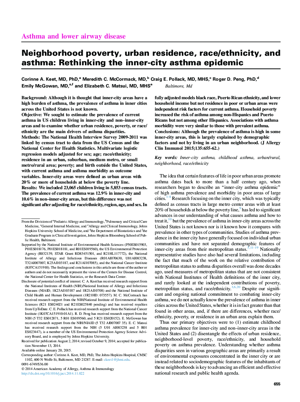 Asthma and lower airway diseaseNeighborhood poverty, urban residence, race/ethnicity, and asthma: Rethinking the inner-city asthma epidemic