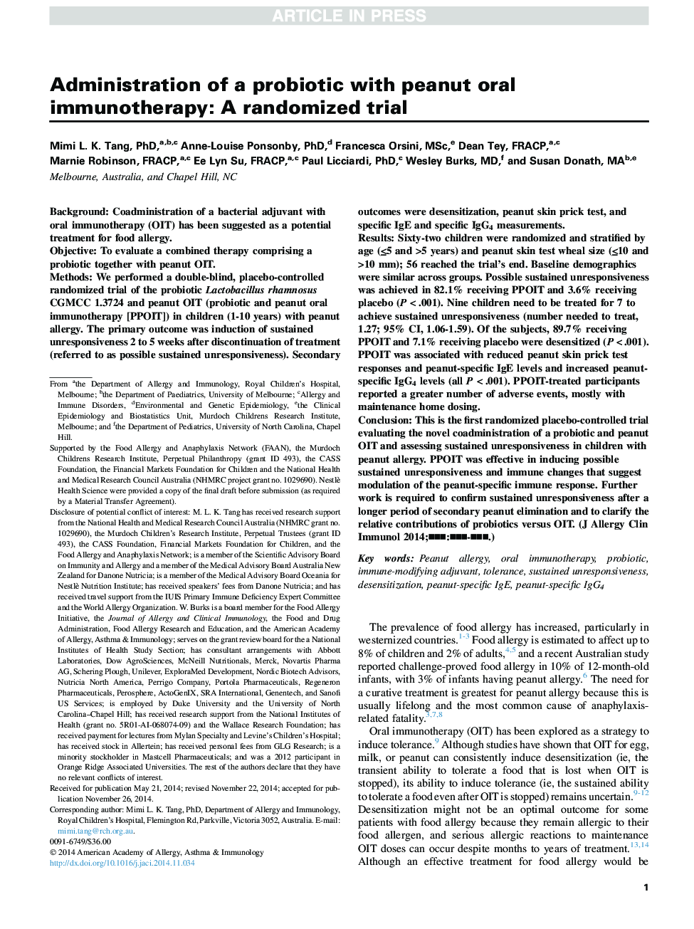 Administration of a probiotic with peanut oral immunotherapy: AÂ randomized trial