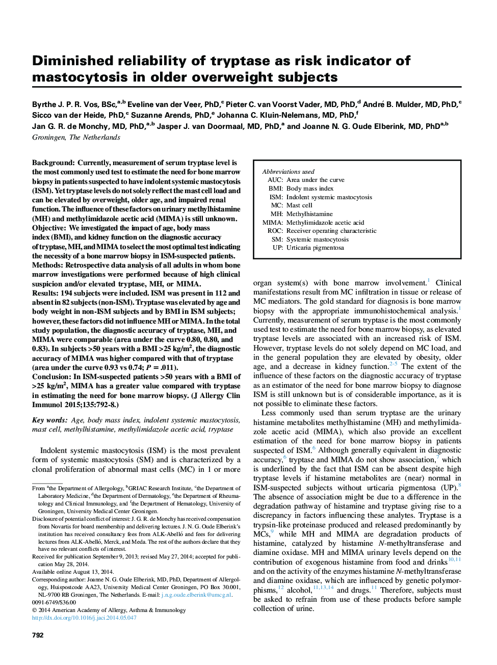 Mechanisms of allergy and clinical immunologyDiminished reliability of tryptase as risk indicator of mastocytosis in older overweight subjects