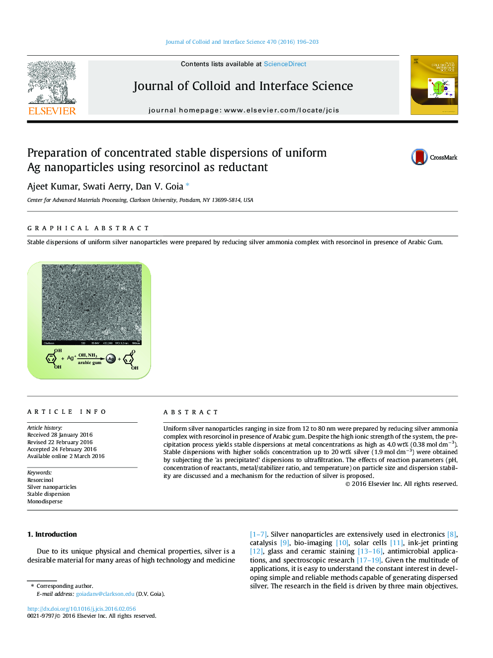 Preparation of concentrated stable dispersions of uniform Ag nanoparticles using resorcinol as reductant