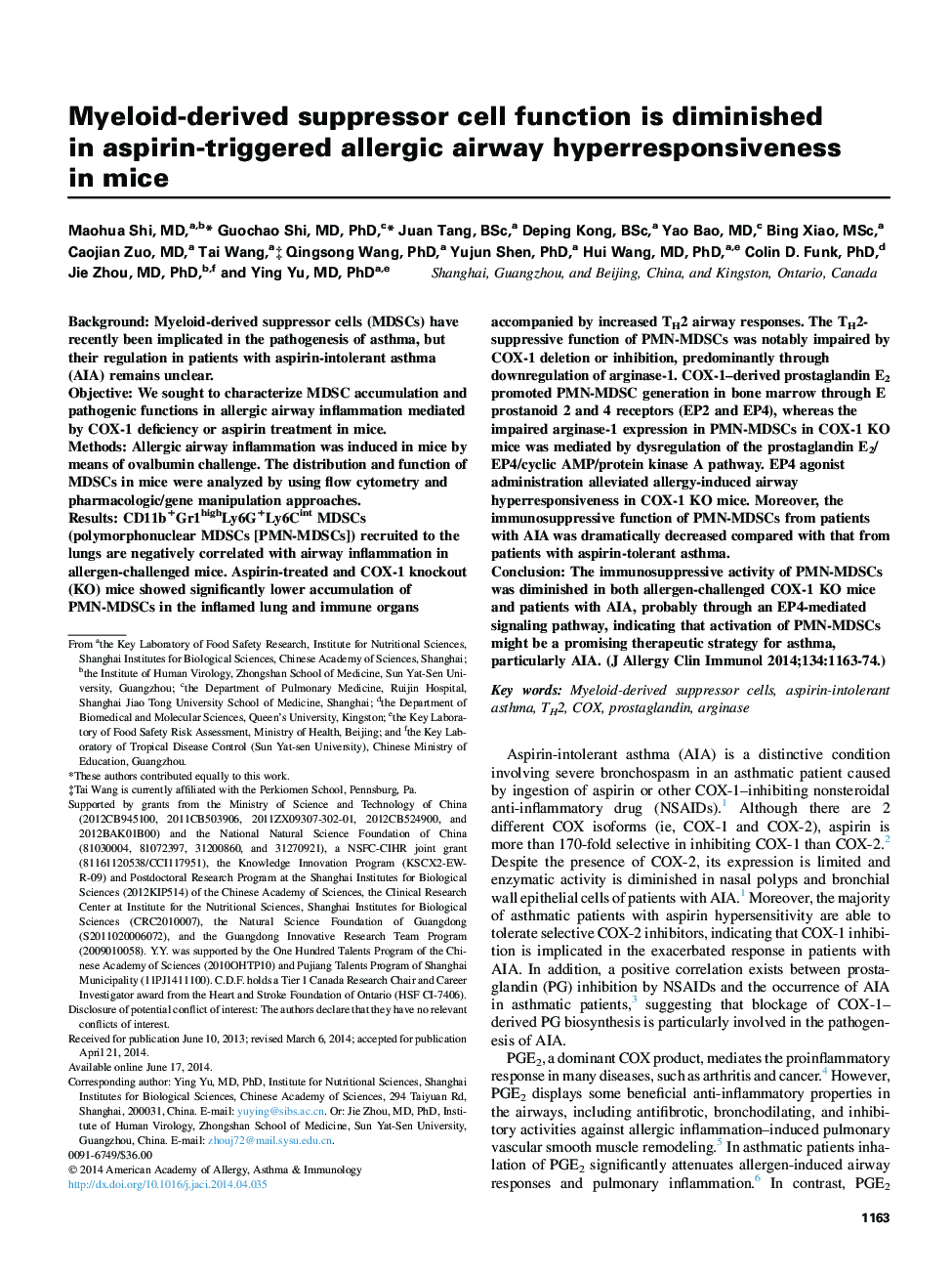 Mechanisms of allergy and clinical immunologyMyeloid-derived suppressor cell function is diminished in aspirin-triggered allergic airway hyperresponsiveness inÂ mice