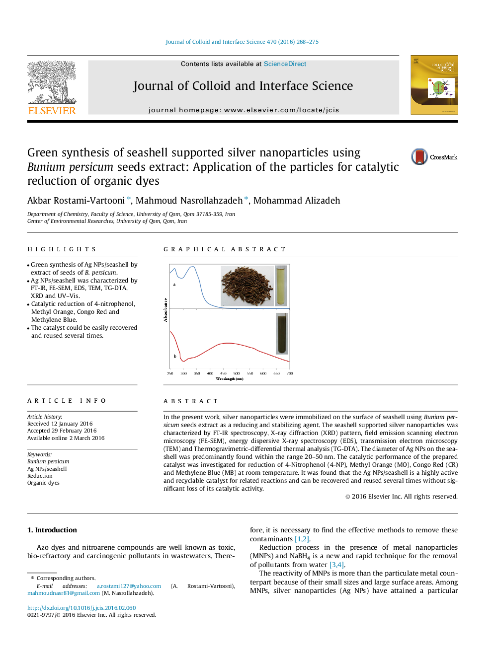 Green synthesis of seashell supported silver nanoparticles using Bunium persicum seeds extract: Application of the particles for catalytic reduction of organic dyes